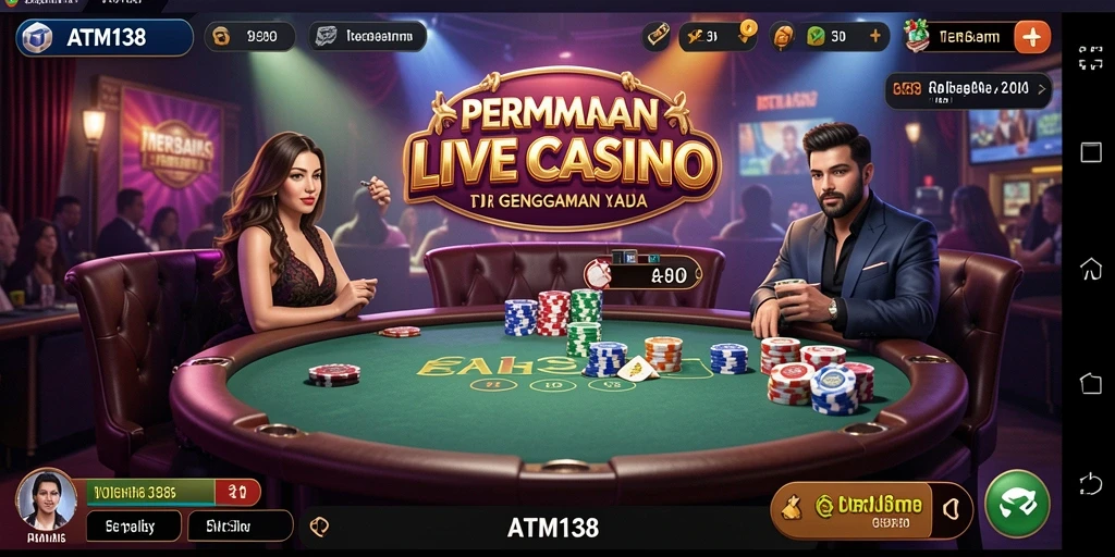 Tangkapan layar <strong>ATM138</strong> menunjukkan dealer langsung dalam aksi permainan kasino.
