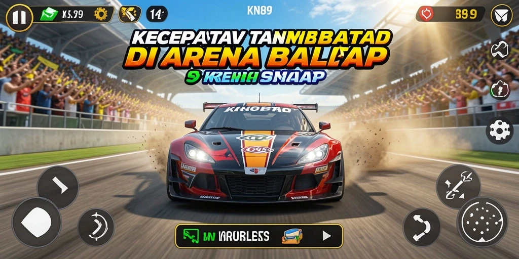 Gameplay KNO89 dengan mobil balap yang cepat dan lintasan mendebarkan.